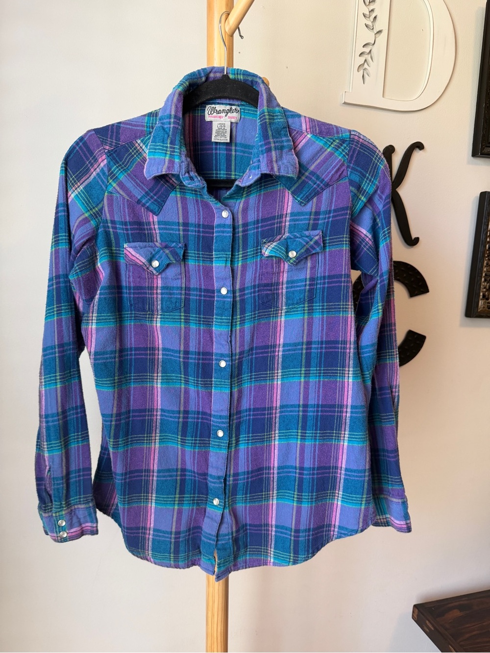 Wrangler.Wrancher Plaid Cotton Shirt Pearl Snap Blue Purple Mens Size Large